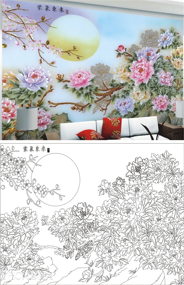 紫气东来_彩雕背景墙 _背景墙_装饰图库_移图网