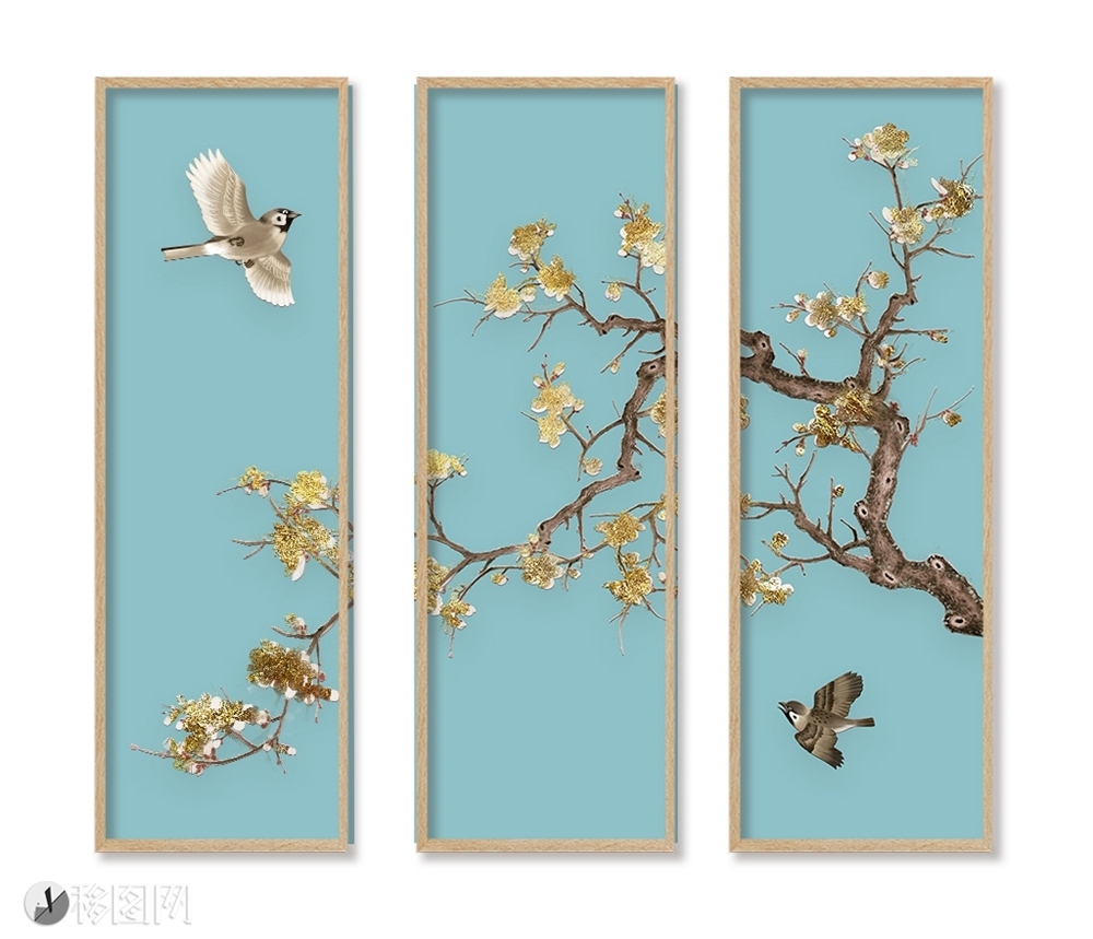 金色树木鸟类艺术中国风新国画装饰画