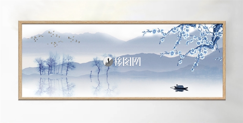 新中式蓝色山水湖面游船中国风装饰画