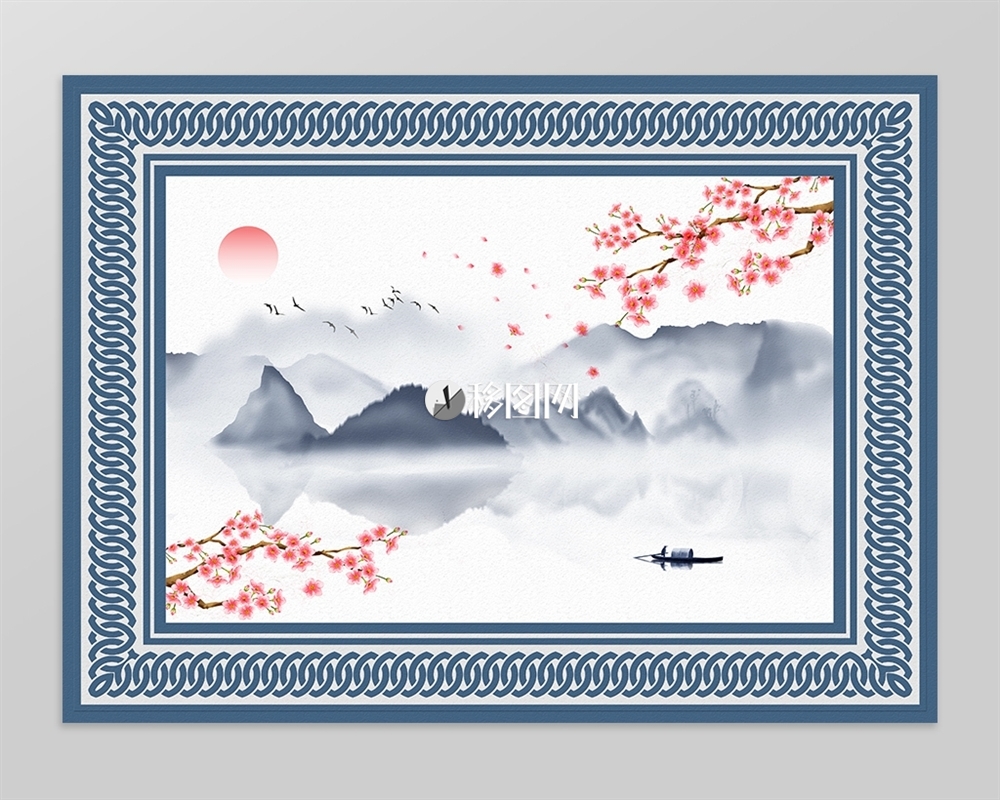中式水墨山水梅花风景地毯图案