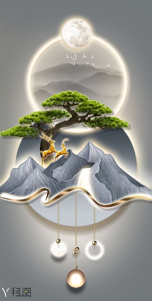 玄关  背景墙  松树  鹿   金色麋鹿