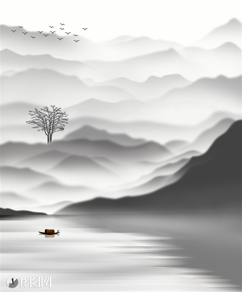 山水 船 树